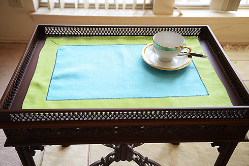 Multicolor Hemstitch Placemat 14"x20". Aqua Marine & Macaw Green